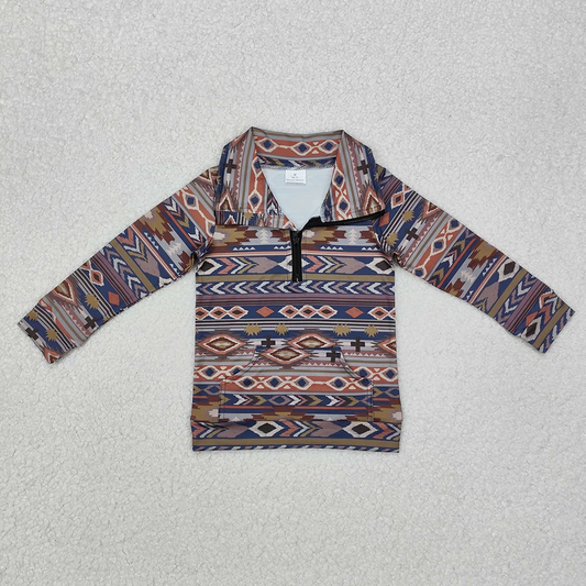 RTS NO MOQ Sibling Baby Boys Long Sleeve Western Aztec Zip Quater Pullovers Tops