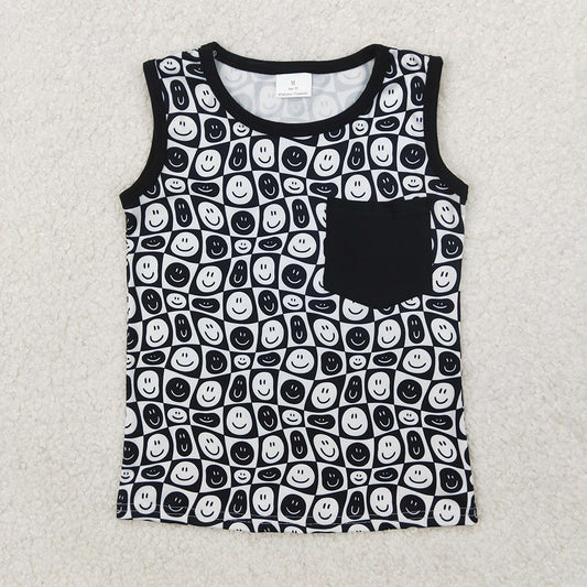 RTS NO MOQ Summer Baby Boys Shirt Black Smile Pocket Sleeveless Tops
