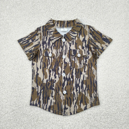 RTS NO MOQ Summer Sibling Baby Boys Western Camo Short Sleeves Button Pockets Shirts Tops