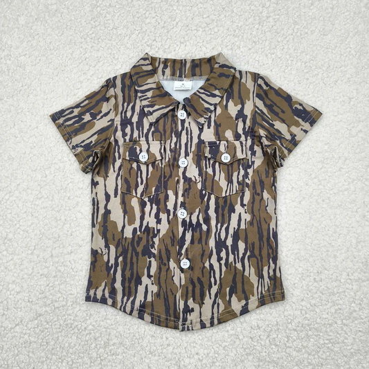 RTS NO MOQ Summer Sibling Baby Boys Western Camo Short Sleeves Button Pockets Shirts Tops