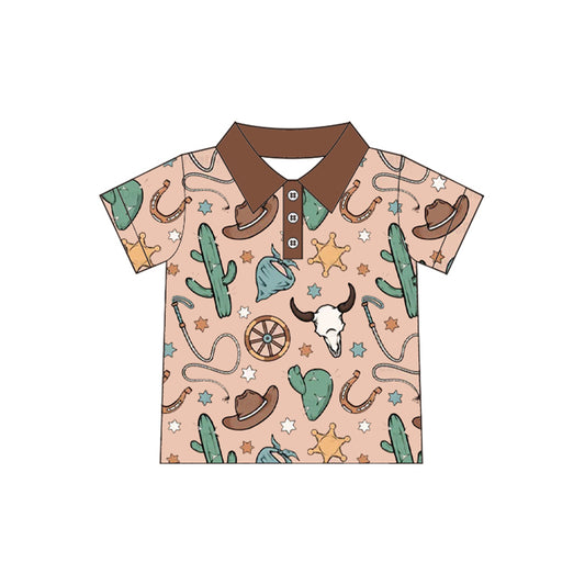 4.8 BT1224 Short sleeves bull skull cactus boys western polo shirt