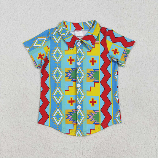 RTS NO MOQ Summer Baby Boys Shirt BT1225 Short Sleeves Colorful Aztec Print Button Shirts Tops