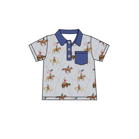 4.8 BT1227 Baby Boys Hot Blue Button Horse Rodeos Flags 4th Of July Polo Shirts Top Pre order