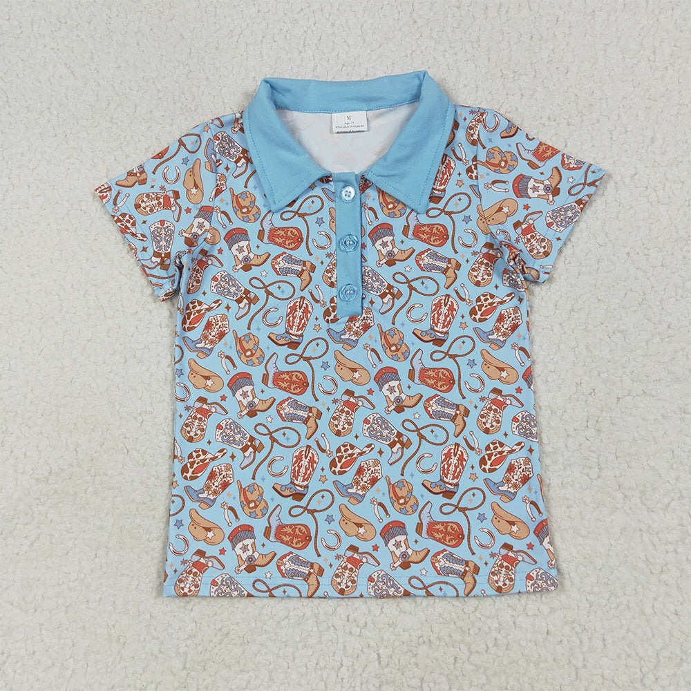 7.1 RTS NO MOQ Summer Baby Boys Shirt BT1256 Blue Western Hats Boots Button Pullovers Shirts Tops