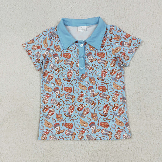 7.1 RTS NO MOQ Summer Baby Boys Shirt BT1256 Blue Western Hats Boots Button Pullovers Shirts Tops