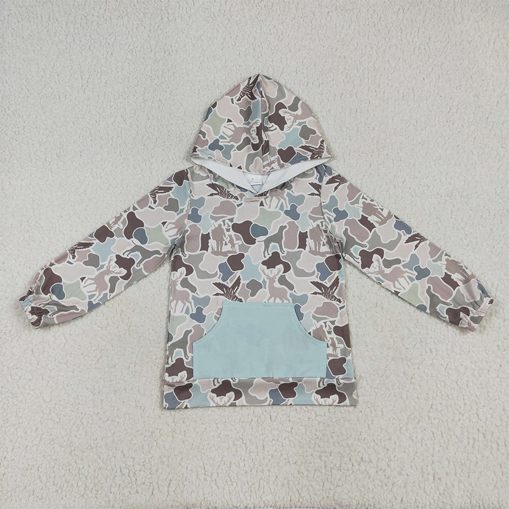 7.8 RTS NO MOQ Baby Boys Long Sleeve BT1268 Long Sleeves Gray Camo Ducks Pocket Hoodies Tops