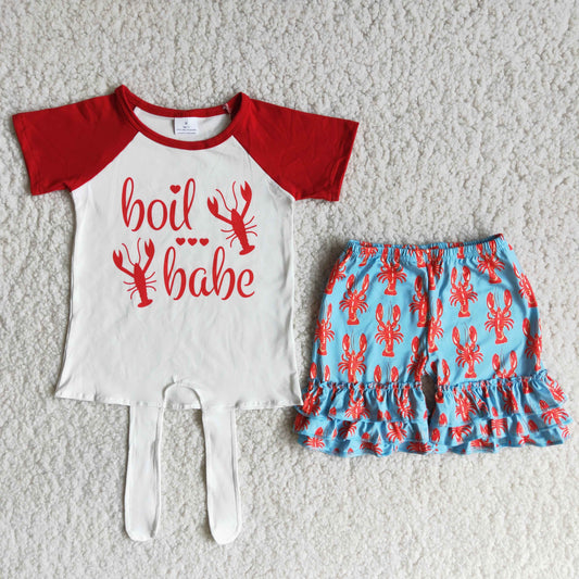 RTS NO MOQ Baby Girls Summer Sets C0-10 Crayfish Print Letter Ruffles Shorts Sets