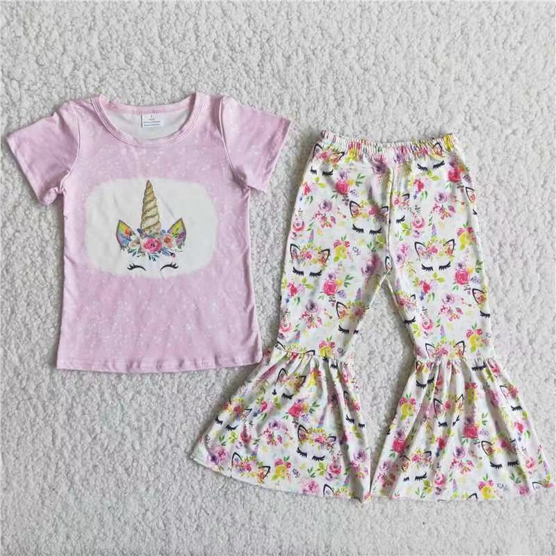 C0-9 Pink Floral Unicorn Pattern Girl Summer Clothing Boutique Outfit