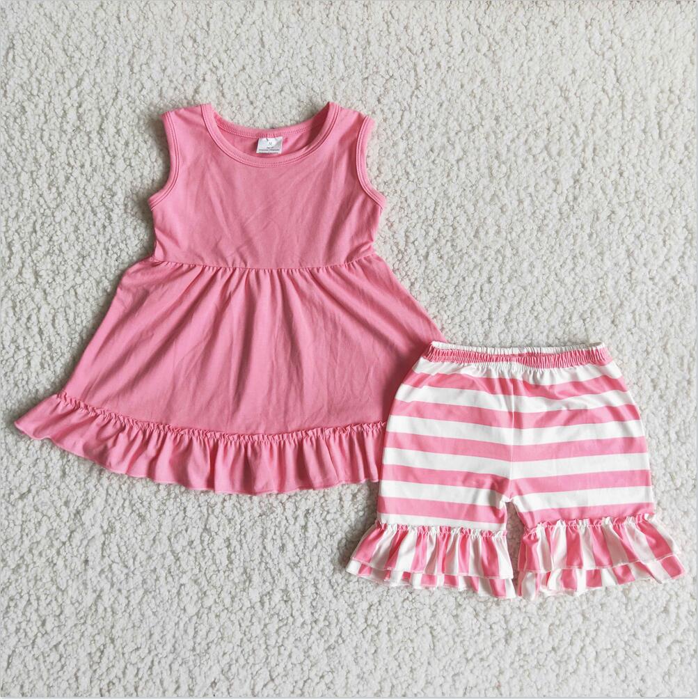 C10-16 Pink Girl Ruffle Summer Boutique Outfits