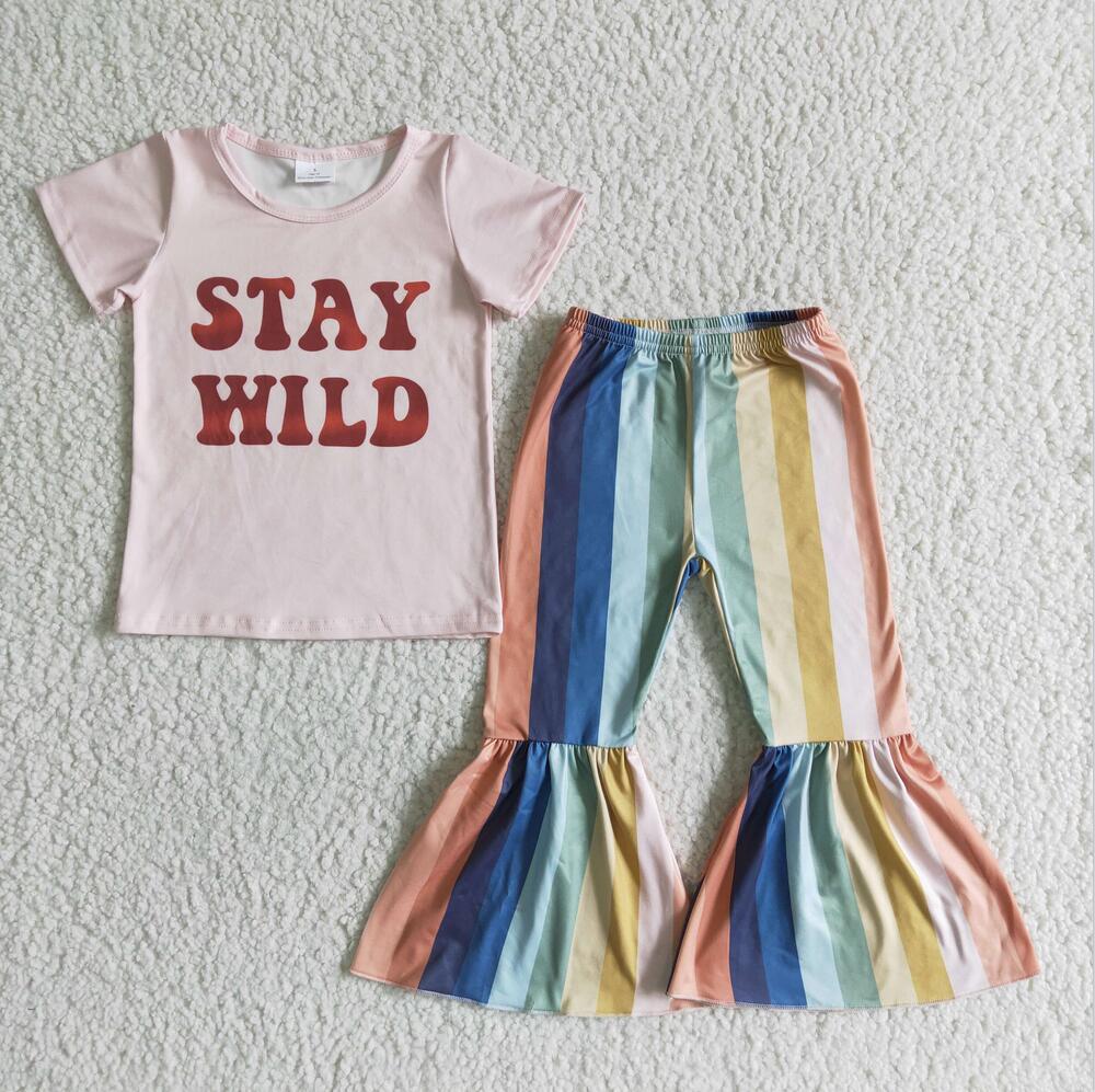 C11-3 Stay Wild Outfit Pink top and Striped Bell Bottom Pants Set