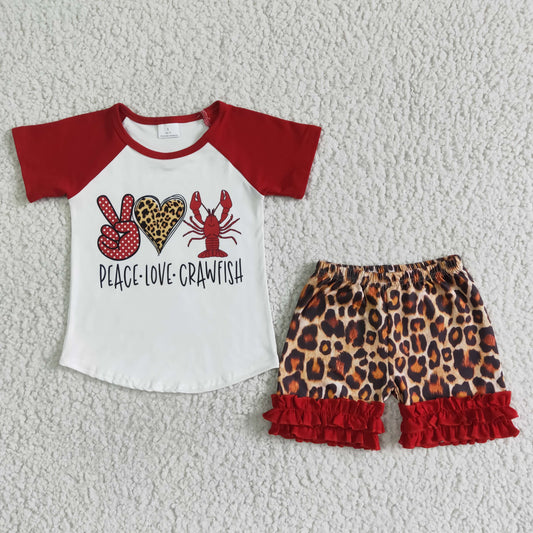 6.14 RTS NO MOQ Baby Girls Summer Sets C14-15 Peace Love Crawfish Icing Ruffle Shorts Clothing Sets