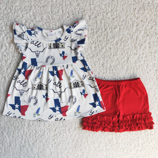 RTS NO MOQ Baby Girls Summer Sets C14-17 Western Cow Pearl Tunic Red Clothes Sets