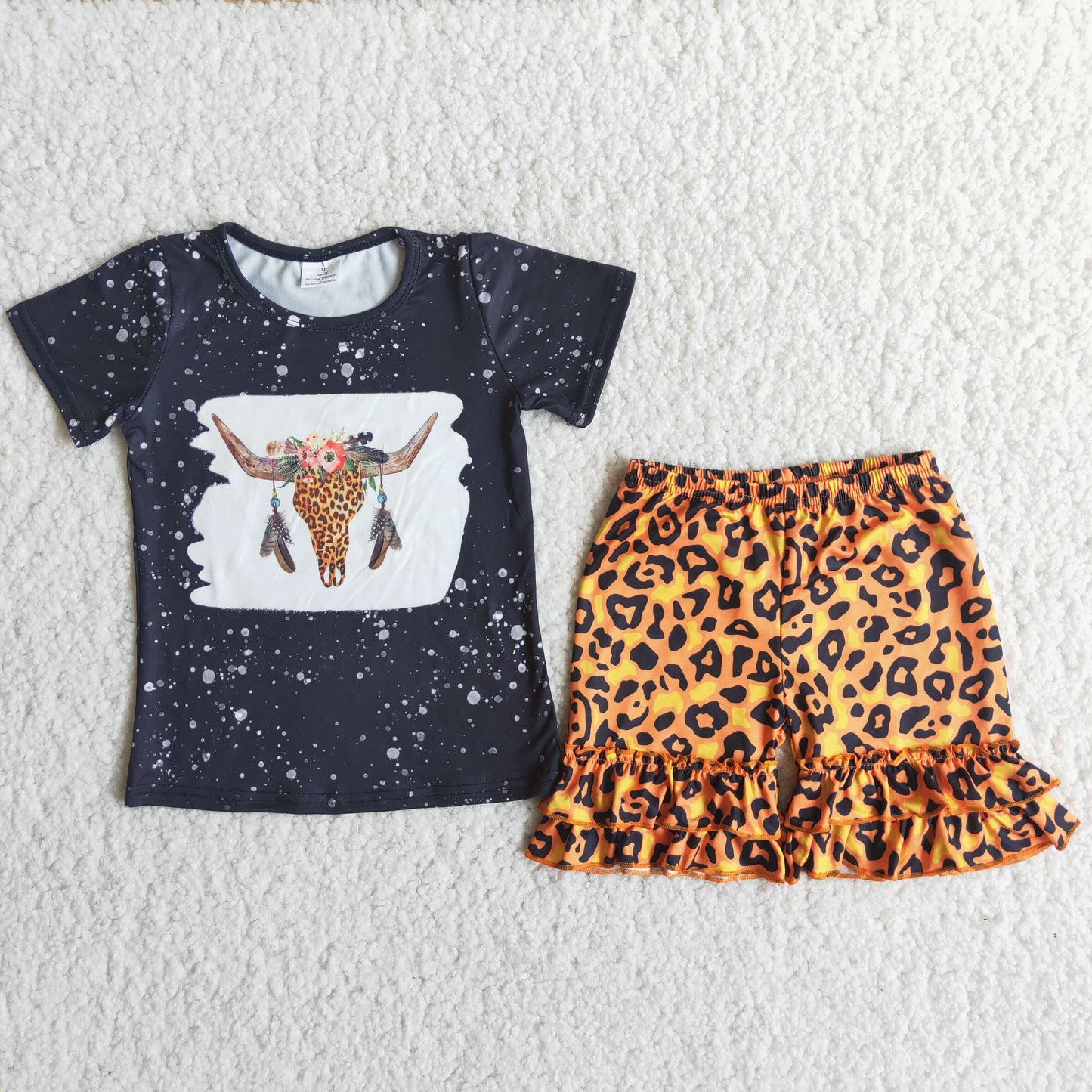 RTS NO MOQ Baby Girls Summer Sets C14-37 Heifer Black T-shirt Leopard Shorts Sets