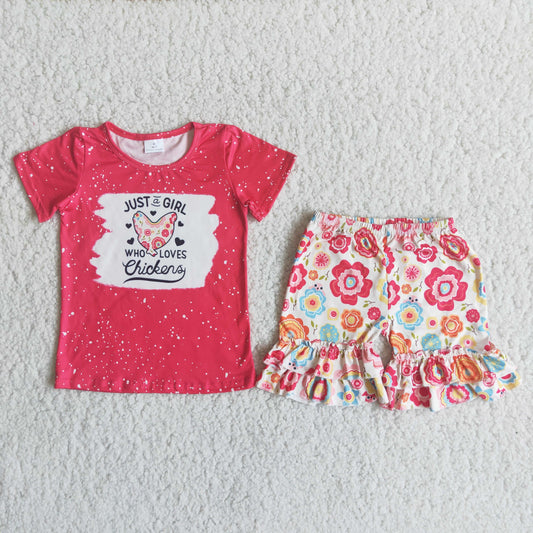 RTS NO MOQ Baby Girls Summer Sets C14-4 Red Chicken Flower Shorts Sets