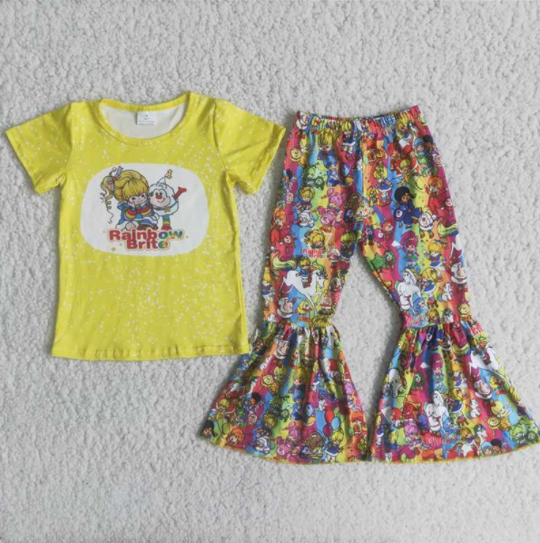 C15-18 Yellow Children Short Sleeve Clothing Kid Summer Boutique Outfits