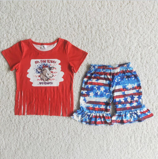 C15-2 Cow 4th of july Wholesale Lovely Kid Ruffle Summer Boutique Outfits