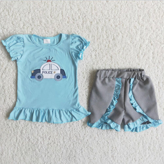 C15-38 Blue Cotton Car Girls Summer Children Clothing Kid Summer Boutique Outfits