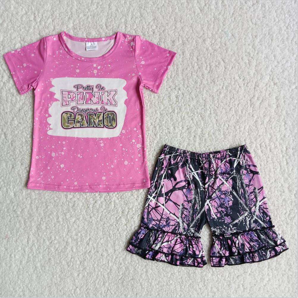 C16-17 Pink Camo Hot Sale Girl Kid Shorts Summer Boutique Children Clothing Set