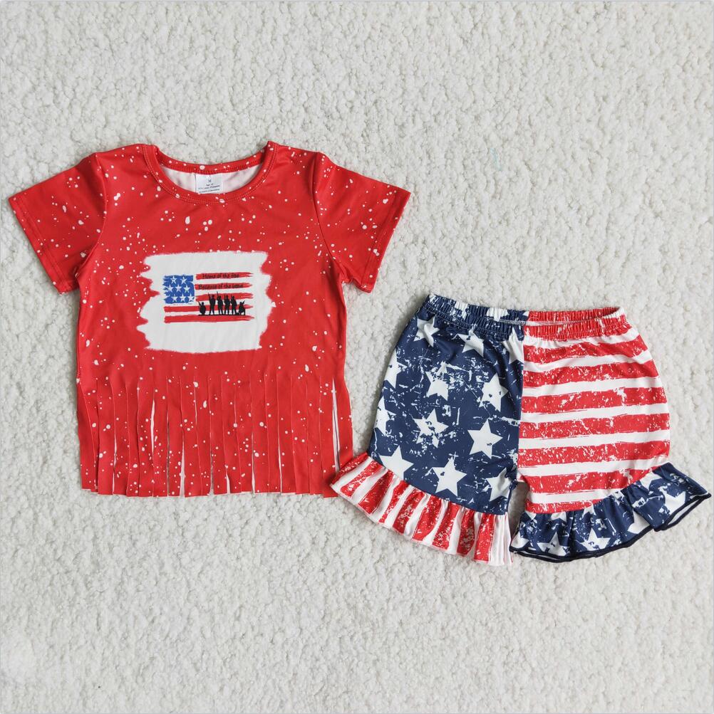 C16-2 Stars 4th of july Wholesale Lovely Kid Ruffle Summer Boutique Outfits