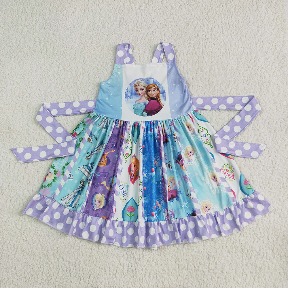 6.10 RTS NO MOQ Summer Baby Girls Dresses C3-16 Blue Sister Sleeveless Movie Twirl Dresses