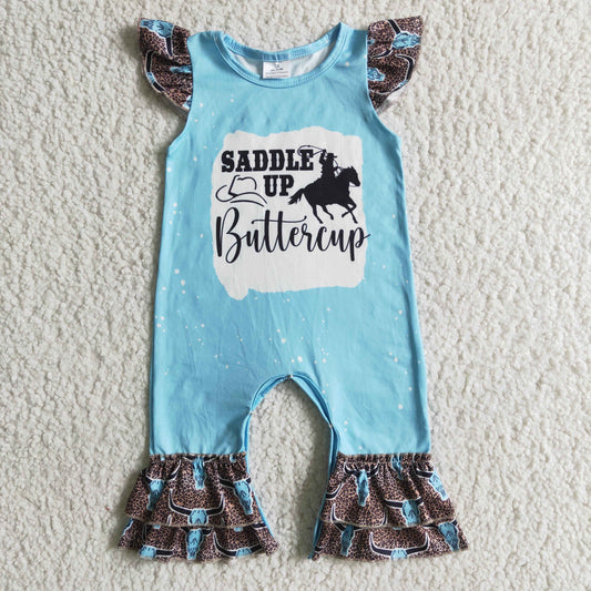 6.21 RTS NO MOQ Summer Baby Girls Bodysuit C5-20 Saddle Up Western Blue Ruffle Rompers