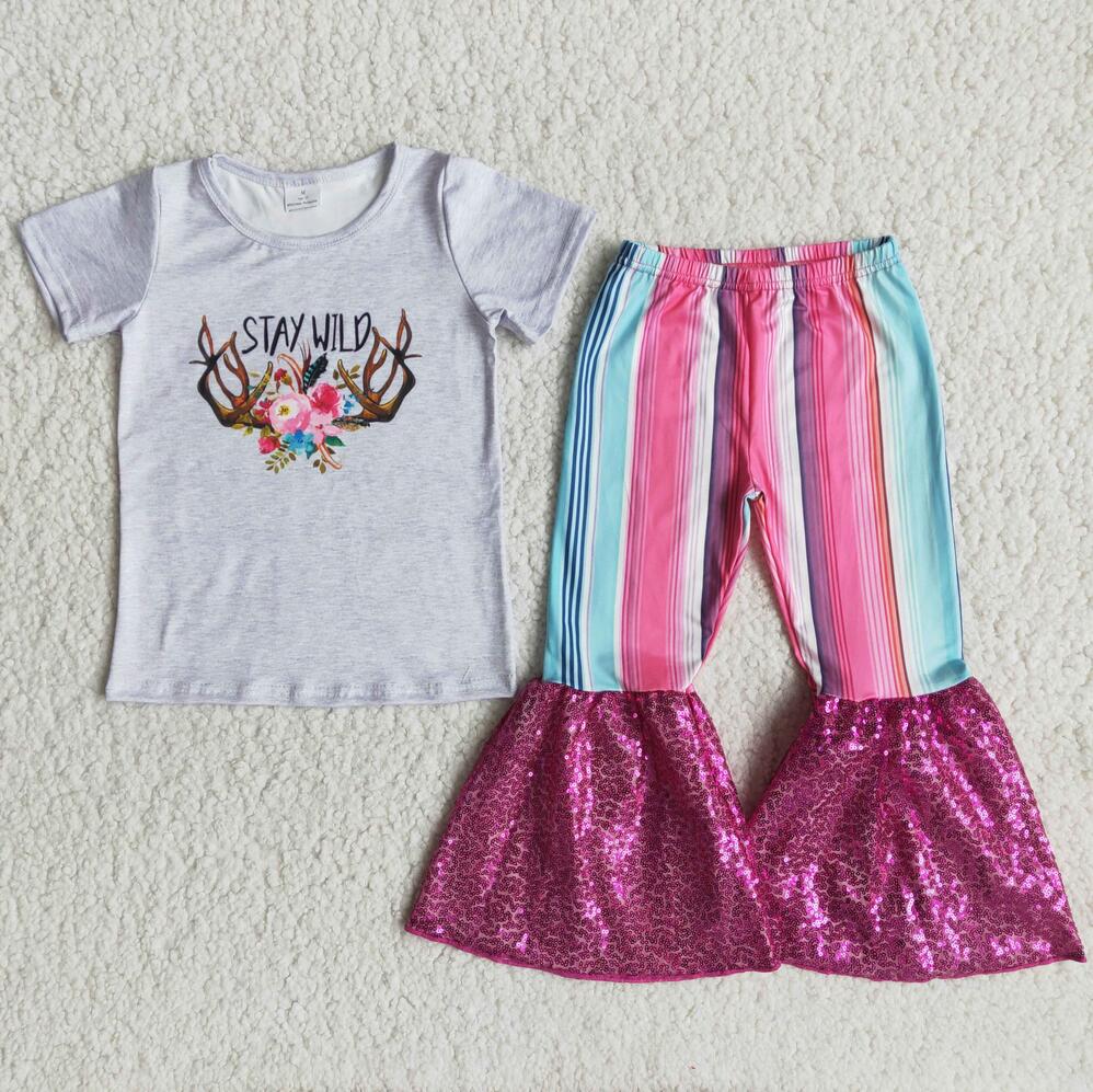 C5-24 Pink Sequins Summer Children Clothing Kid Summer Boutique Outfits