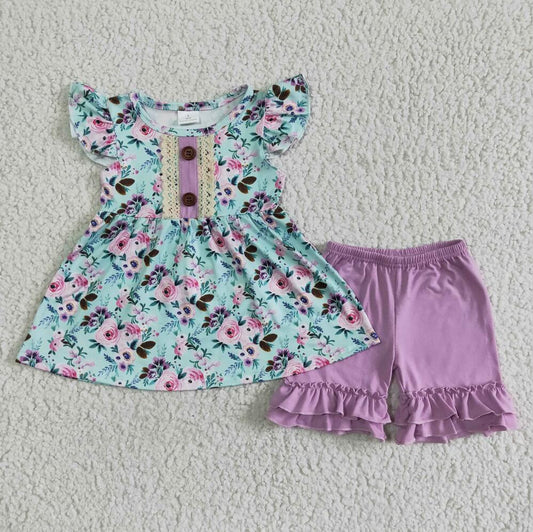 C6-21 Purple Floral Kid Shorts Summer Boutique Children Clothing