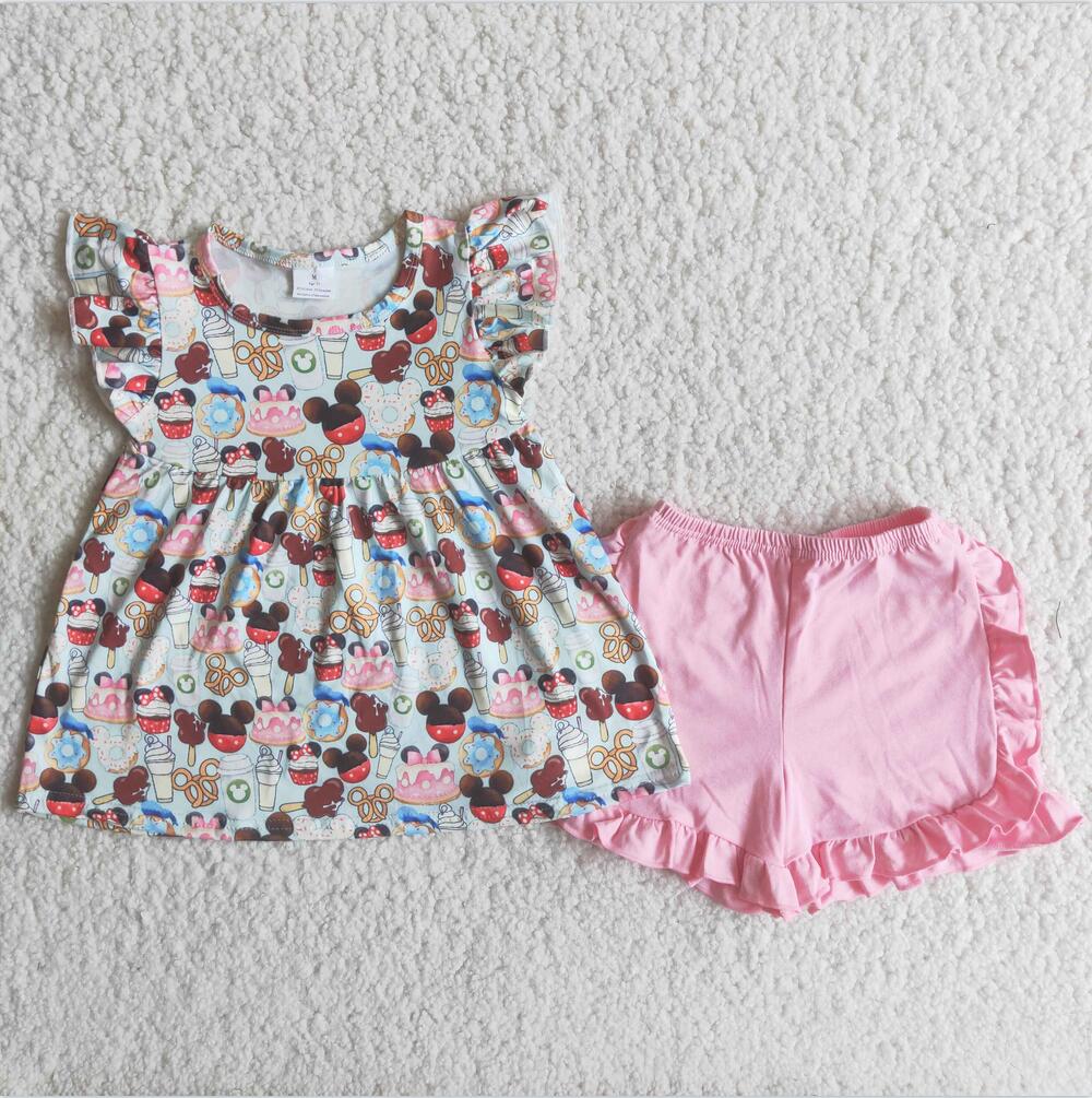 C8-12 Cartoon Wholesale Lovely Kid Ruffle Summer Boutique Outfits