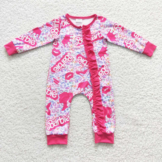 LR0481 Cartoon letters purple leopard print rose long sleeve onesie with zipper edge