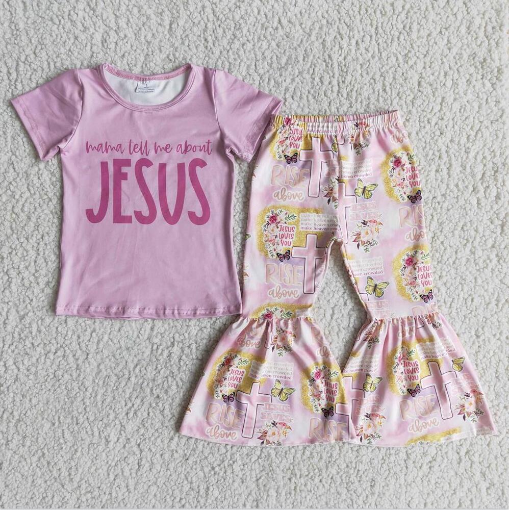 D10-4 Easter Jesus 2pcs Short sleeve ruffle Sets Boutique kid outfit