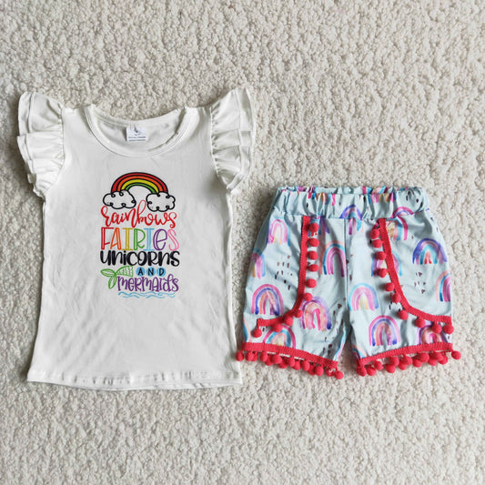 7.26 RTS NO MOQ Baby Girls Summer Sets D11-29 Rainbow Letter Pompom Exquisite Ruffles Shorts Sets