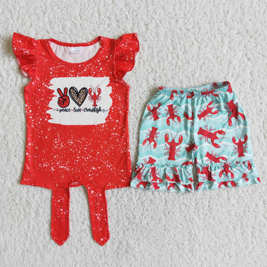 7.12 RTS NO MOQ Baby Girls Summer Sets D12-13 Puffy Sleeves Love Crayfish Shorts Suit