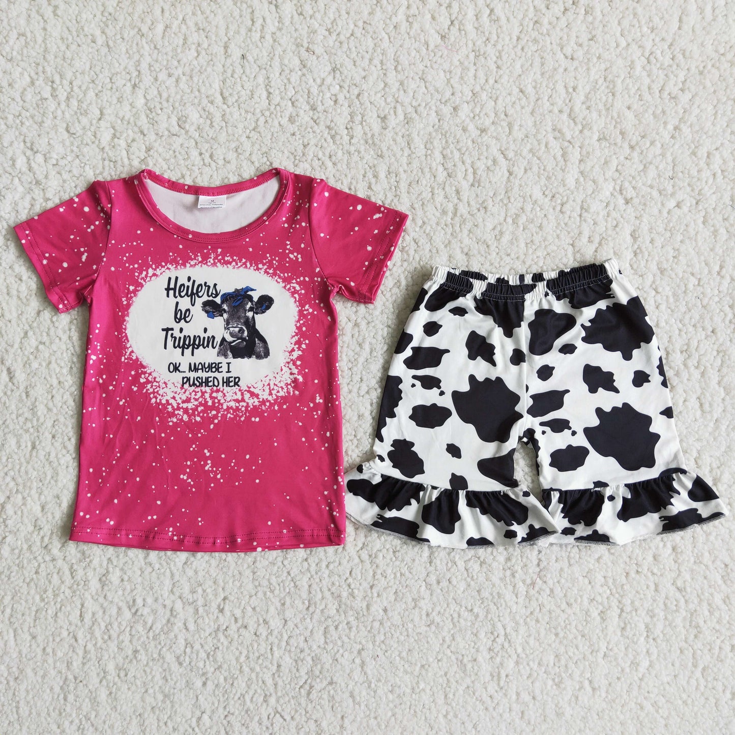 7.19 RTS NO MOQ Baby Girls Summer Sets D12-19 Red T-shirt Heifer Cow Pattern Shorts Sets