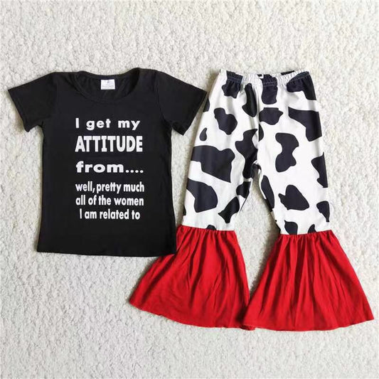 D12-20  Black Shirt Cow Pants Girl 2pcs Short sleeve ruffle Sets Boutique Clothes