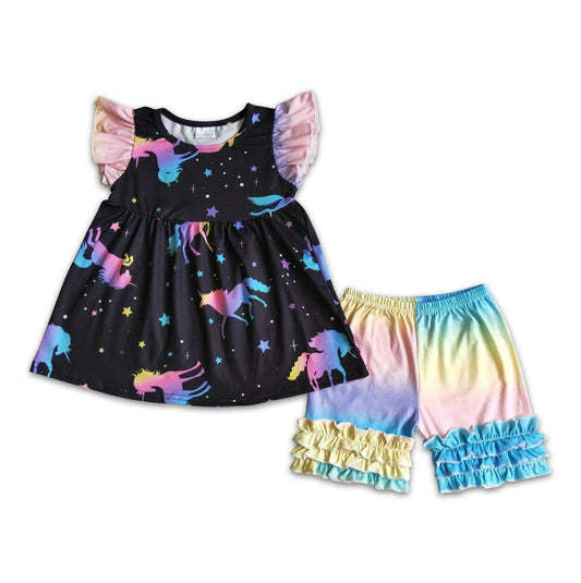 D2-26  Unicorn Colorful Girls Ruffle Shorts Sets