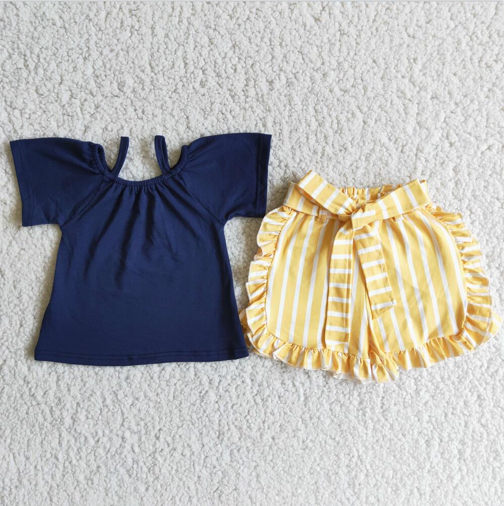 D4-28 Hot Sale Navy Blue Girl Kid Shorts Summer Boutique Children Clothing Set