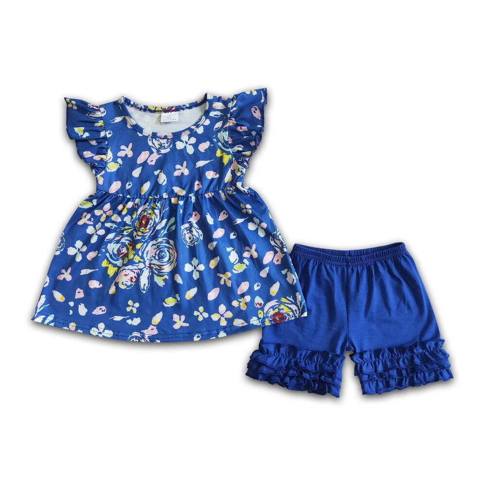 D5-16  Blue Floral Girls Ruffle Shorts Sets