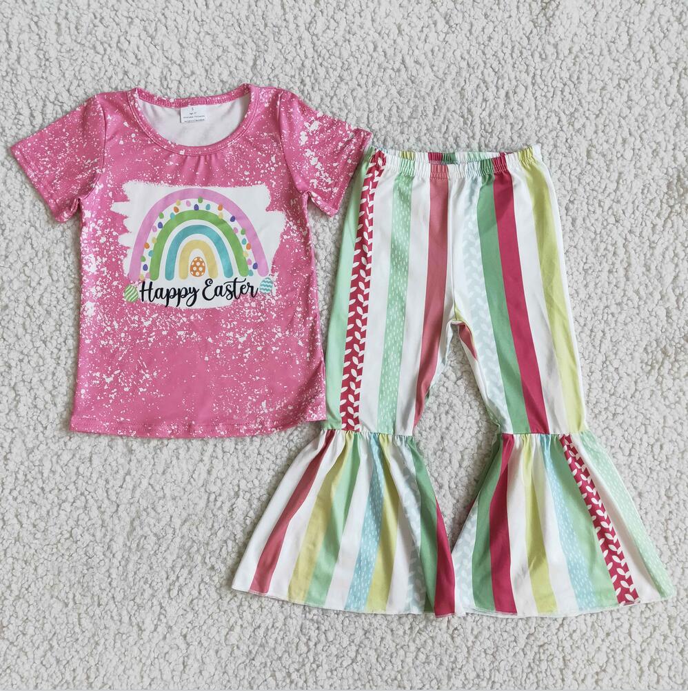 D5-19 Rainbow Girl 2pcs Short sleeve ruffle Sets Boutique Clothes