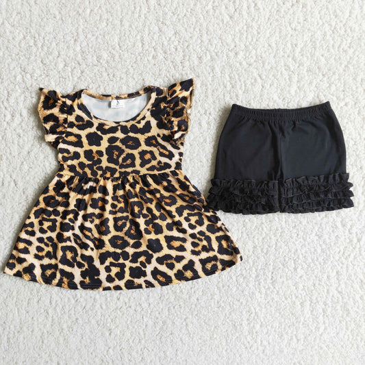 7.26 RTS NO MOQ Baby Girls Summer Sets D6-12 Leopard Puffy Sleeves Ruffles Shorts Set