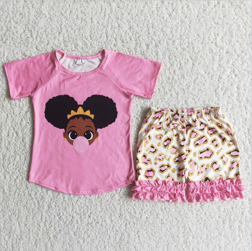 D7-12 Pink Black Girl Kid Shorts Summer Boutique Children Clothing Set