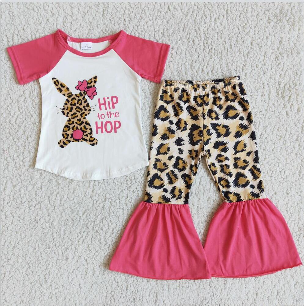 D7-17 Easter Leopard print 2pcs Short sleeve ruffle Sets Boutique kid outfit