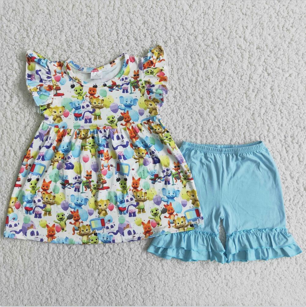 D7-27 Cartoon Girl Ruffle Summer Boutique Outfits