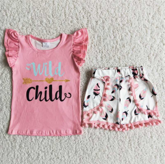 7.12 RTS NO MOQ Baby Girls Summer Sets D8-11 Wild Child Pink Letter Pompom Shorts Sets