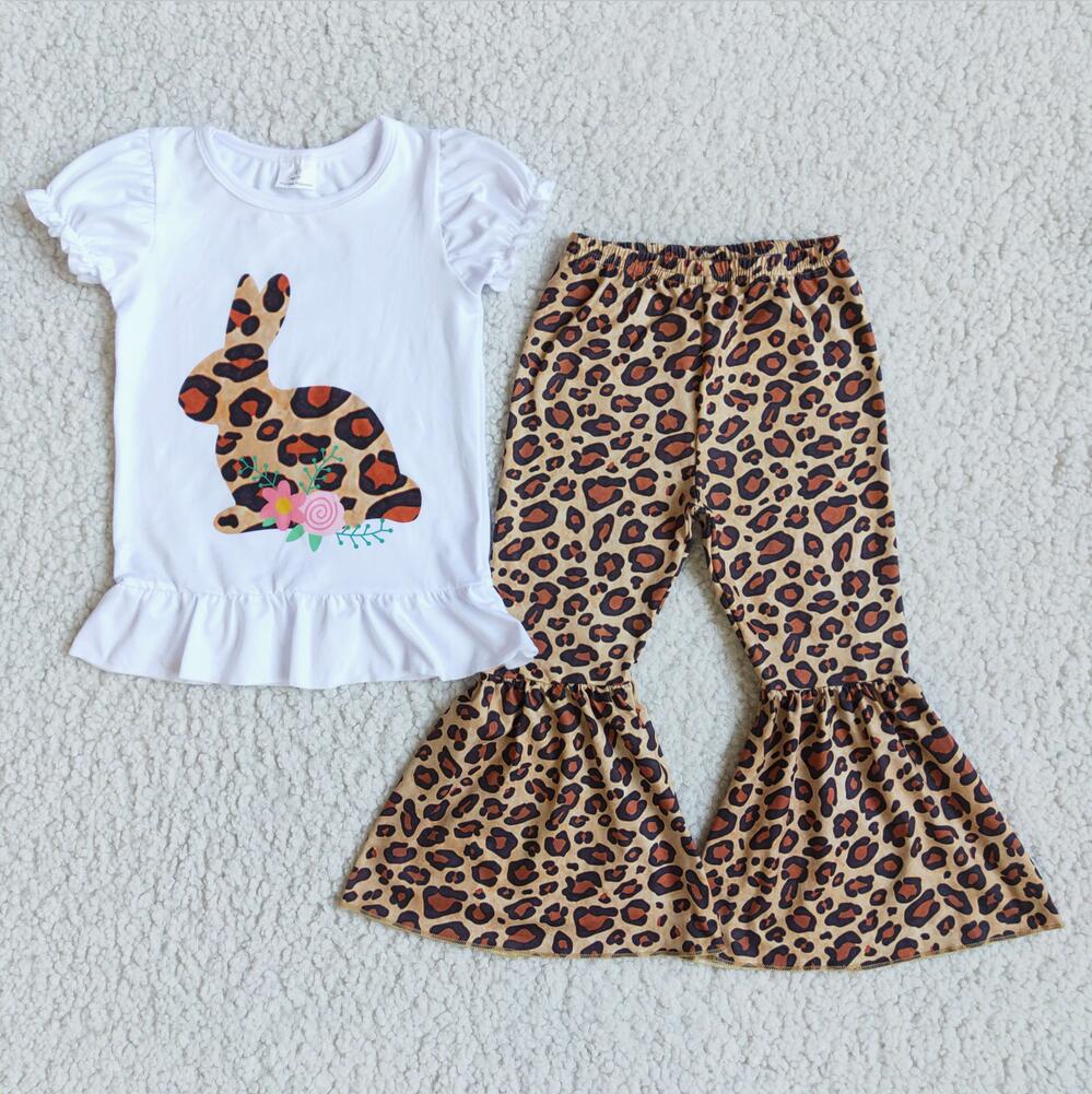 D9-20 Easter Leopard  Rabbit Girl 2pcs Short sleeve ruffle Sets Boutique Clothes