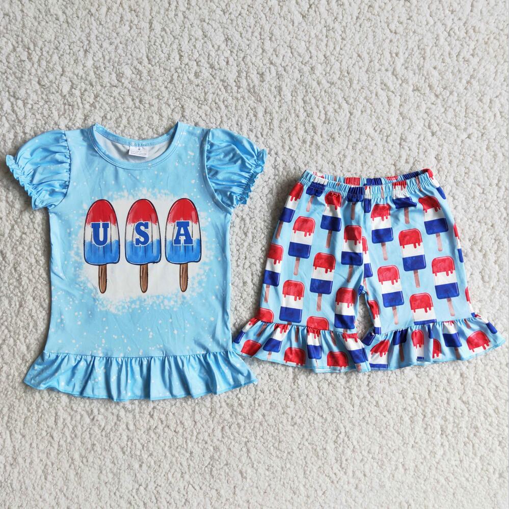 D9-29 Sky blue 4th of July girl Wholesale In Stock Clothing Kid Summer Boutique Outfits