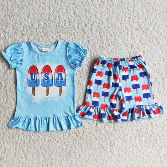 D9-29 Sky blue 4th of July girl Wholesale In Stock Clothing Kid Summer Boutique Outfits