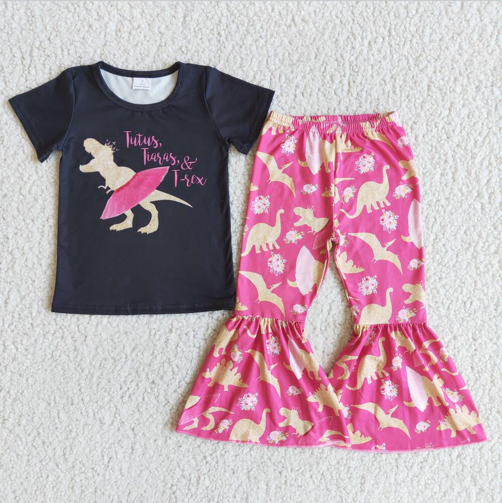 D9-5 Pink Dinosaur Pattern 2pcs Short sleeve Sets Boutique Clothes