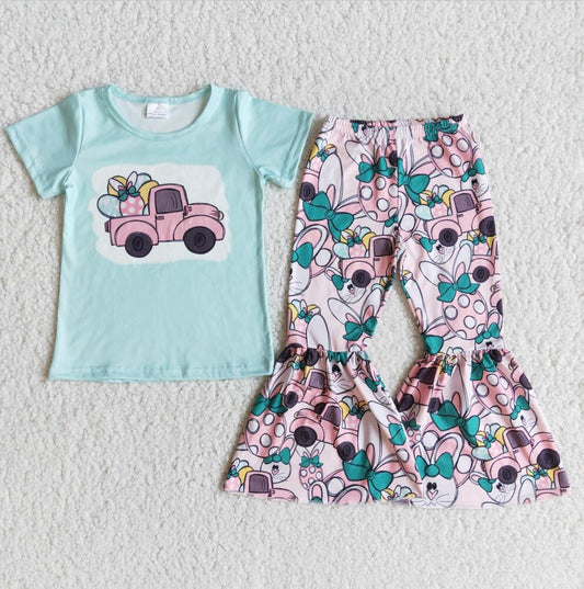 E10-14 Blue Egg Trunk Design 2pcs Short sleeve Sets Boutique Kid Clothes