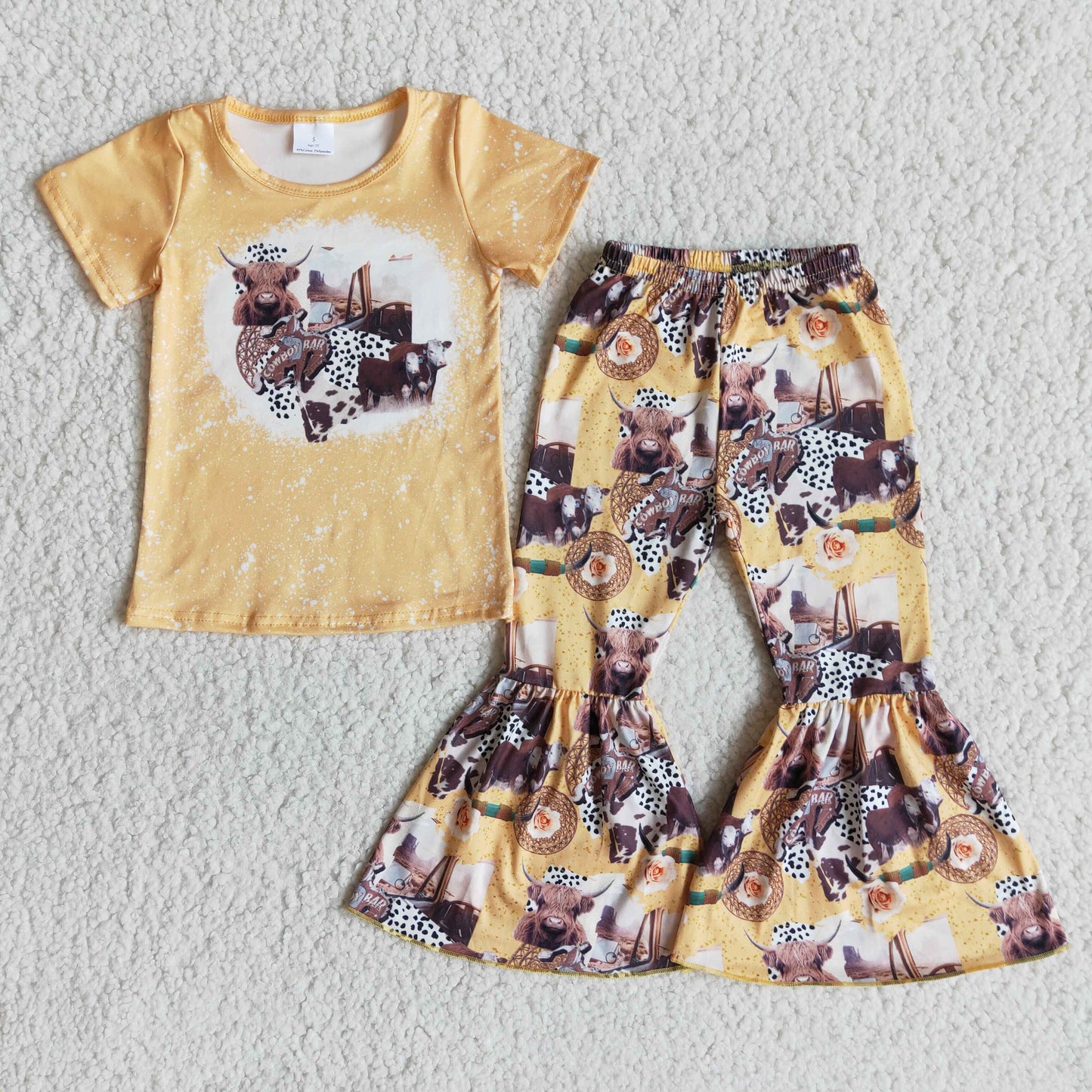 E13-17 Yellow Cow Girl Summer Shorts Sleeve Sets Kid Clothing