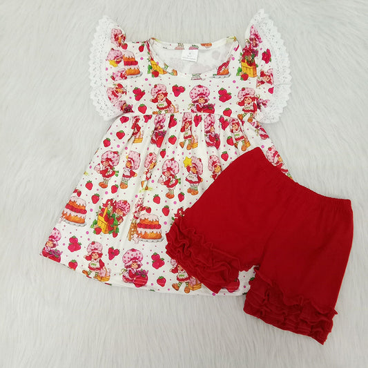 RTS NO MOQ Baby Girls Summer Sets E2-16 Red Flutter Sleeve Lovely Soft Shorts Sets